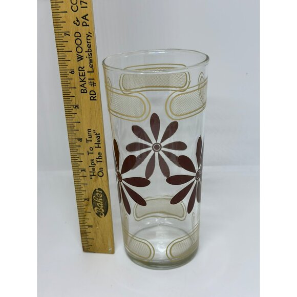 VTG MCM Brown Daisy Glass Tumblers | Set of 4, Gold Geometric Design, 6" Retro - Picture 3 of 5